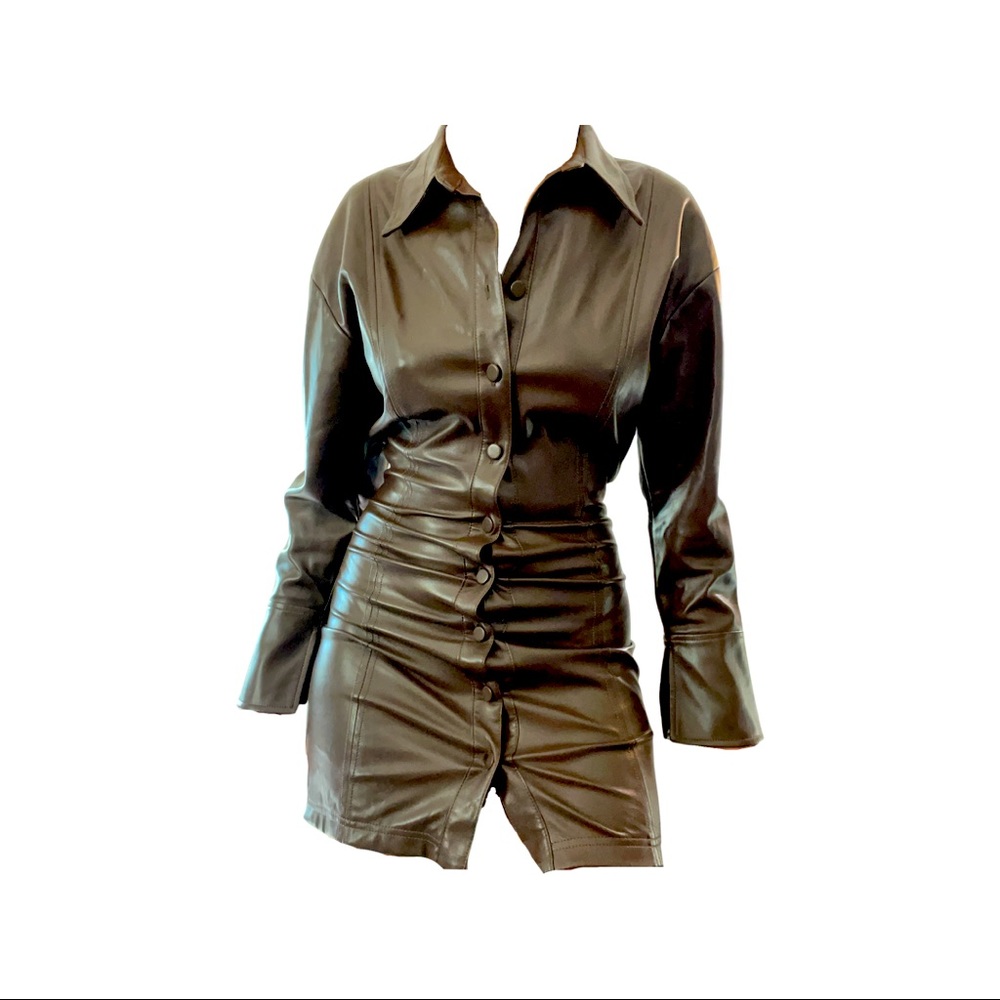 Brown leather mini dress.  flexible